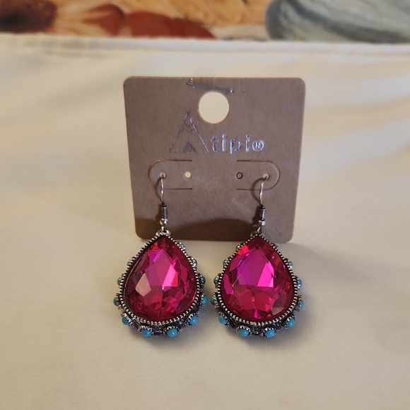 Atipico Fuchsia and Turquoise Teardrop Earrings - Picture 1 of 2
